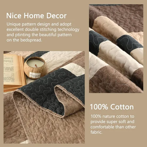 Vista 4 de Finlonte Colcha tamaño King, 100% algodón, colcha de gran tamaño King de tamaño King, color marrón carbón, beige, California King, acolchada, a