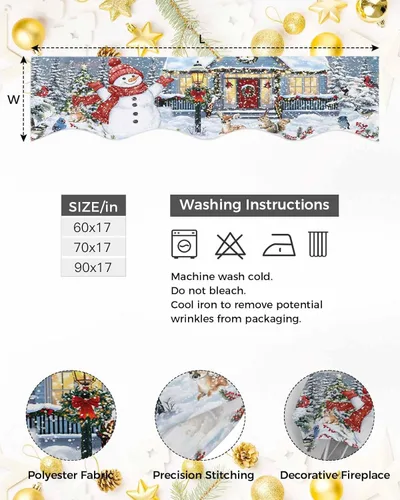 Vista 9 de Bufanda de chimenea de muñeco de nieve de Navidad, diseño de árboles de Navidad de invierno, copos de nieve, alce, chimenea, estante superior