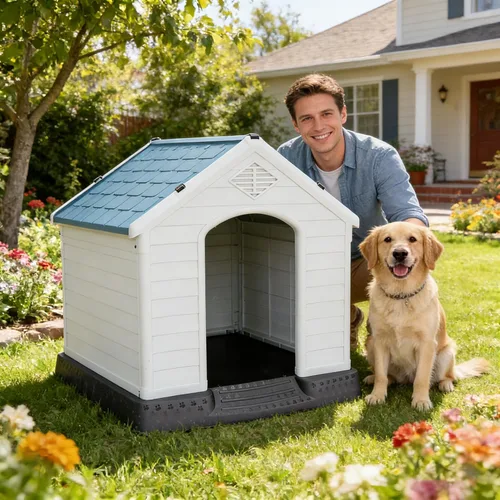 Vista 2 de Casa de plástico resistente al agua para perros pequeños a grandes, refugio para cachorros de interior con rejillas de ventilación y piso elevado