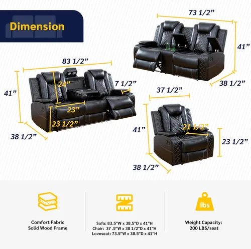 Vista 2 de Umeji Power - Juego de sala de estar reclinable con LED para sala de estar, dormitorio, casa de invitados, sala de juegos, Airbnb, apartamento