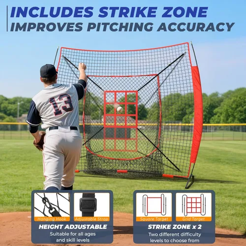 Vista 3 de 7 x 7 ft Baseball Net with Batting Tee, Baseball Softball Batting Net with Strike Zone for Practice Hitting Pitching Fielding, Quick Setup