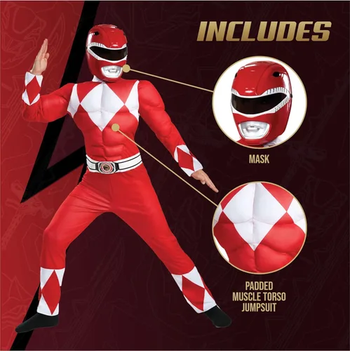 Vista 3 de Disguise Red Ranger Muscle Costume Official Power Rangers Costume with Mask
