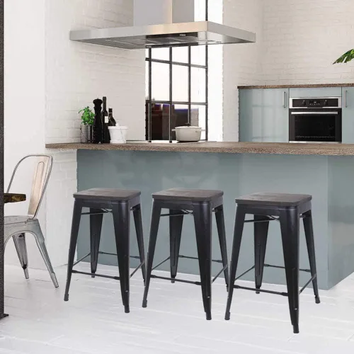 Vista 31 de GIA Taburete de mostrador sin respaldo de 24 pulgadas, cantidad de 4, bronce con asiento de madera clara