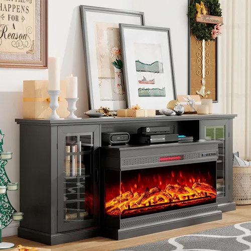 Vista 15 de LUXOAK Soporte de TV con chimenea de 75 pulgadas con chimenea eléctrica de Blanco envejecido
