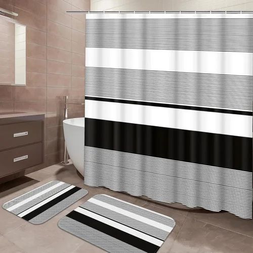 Vista 13 de ArtSocket Juego de baño rojo con cortina de ducha y alfombras y accesorios, juego de cortina de ducha gris a rayas burdeos, decoración moderna