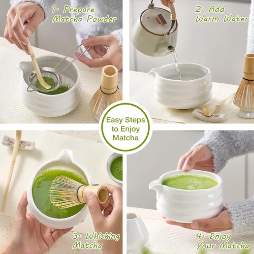 Vista 4 de Juego de batidor de matcha, juego de té japonés (5 piezas) incluye cuenco de matcha con boquilla (19 onzas), batidor de bambú y cuchara de matcha