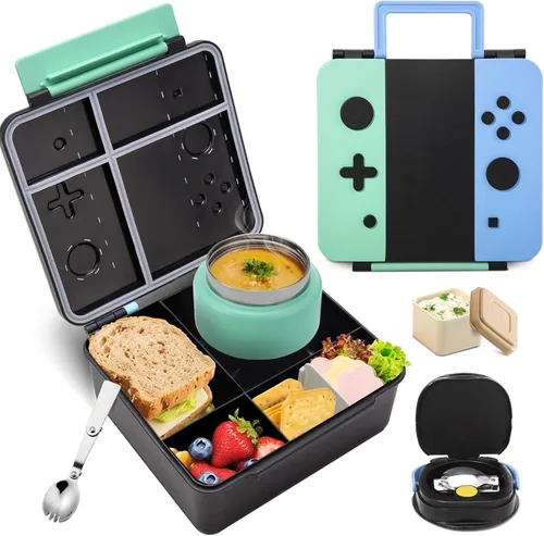 Vista 10 de Caja Bento Game para niños, lonchera con termo (tarro de comida de 9 onzas), cuchara plegable, divisor extraíble y taza de salsa, lonchera infantil