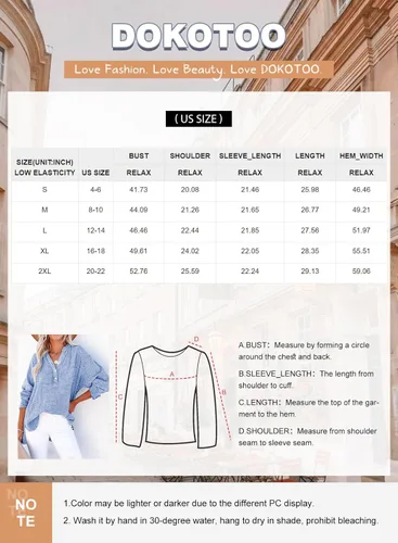 Vista 6 de Dokotoo Camisas de manga larga con cuello en V y botones para mujer, blusas lisas de gran
