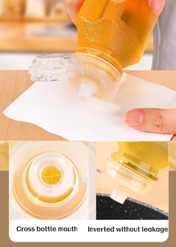 Vista 2 de Botellas exprimibles de condimentos de 10 onzas, paquete de 4 con tapa abatible, botellas de salsa con escala para aceite, salsa de tomate, agua