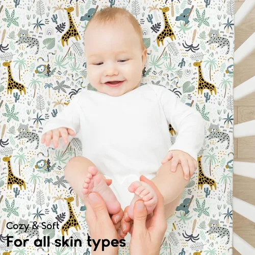 Vista 4 de Yoofoss Sábanas ajustadas para Pack and Play, paquete de 2 sábanas para minicuna para colchón Pack N Play, sábana elástica para corralito, suave