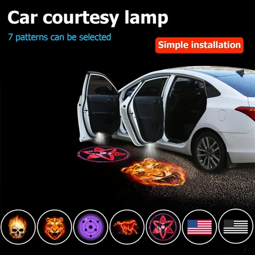 Vista 2 de 2 Piezas Luces de Puerta de Coche con Proyector de Logo, Luz LED Inalámbrica de Cortesía de Bienvenida Adhesiva para Puerta de Coche, Lámpara