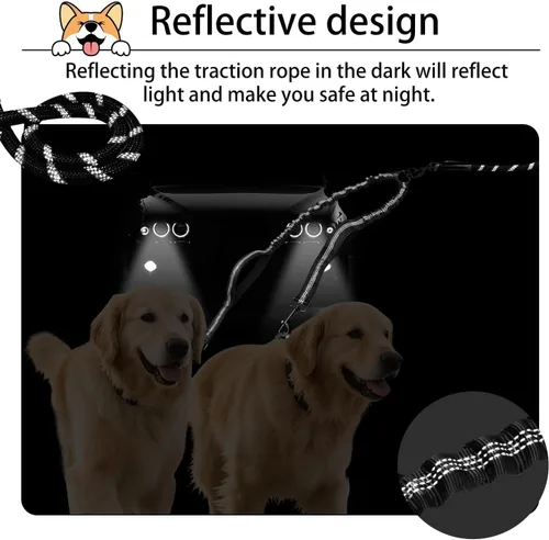 Vista 5 de Correa doble para perro sin enredos, correa elástica para dos perros, correas reflectantes con dos asas de tráfico adicionales para caminar 2 perros