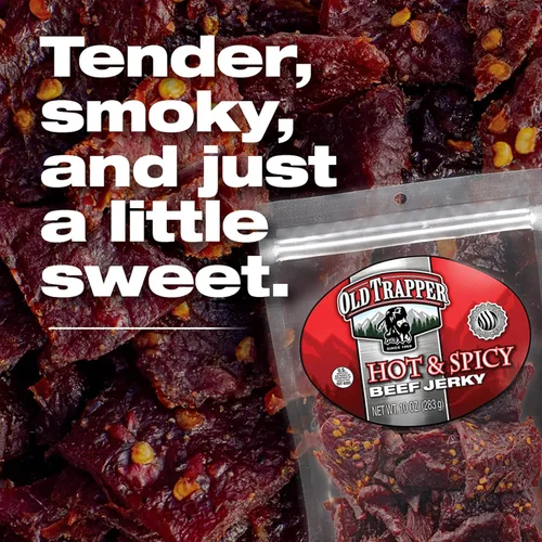 Vista 10 de Old Trapper Carne seca picante y picante Aperitivos ahumados de madera real de estilo tradicional Snacks saludables hechos de filetes redondos
