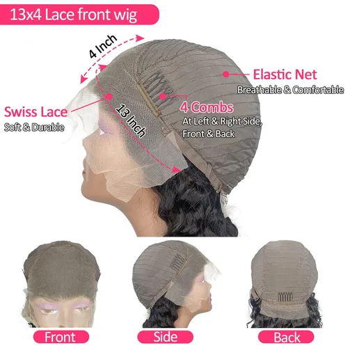 Vista 4 de Peluca de cabello humano rizado con encaje frontal de 32 pulgadas, peluca frontal de onda profunda de 13 x 4, pelucas de cabello humano rizado sin