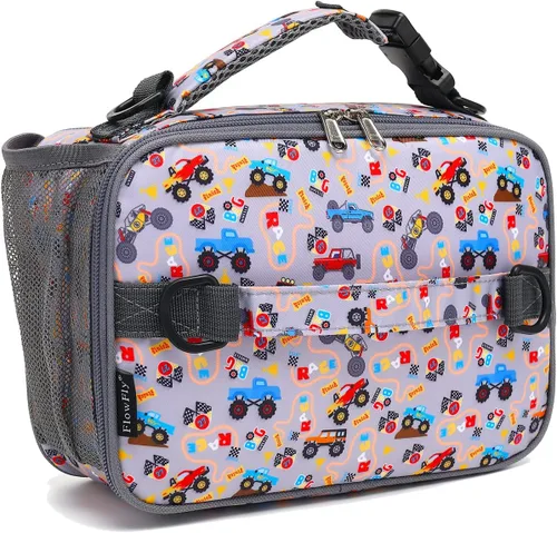 Vista 21 de FlowFly - Lonchera infantil, bolsa escolar aislada duradera con correa de hombro y soporte para botellas, minihielera térmica resistente al agua