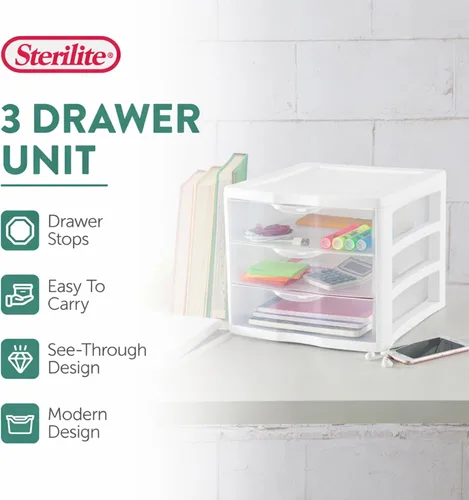 Vista 4 de Sterilite Clearview - Unidad de almacenamiento de escritorio pequeña con 3 cajones multiuso de plástico, para el hogar, aulas u espacios de oficina