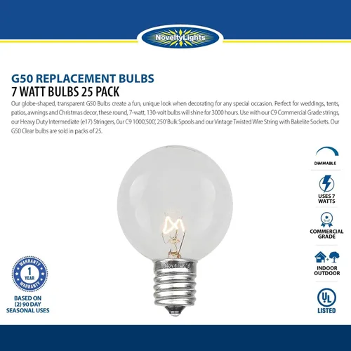 Vista 6 de Novelty Lights Paquete de 5 Bombillas de Repuesto Globo G50 para Patio Exterior, Transparentes, Base Intermedia E17/C9, 7 Vatios