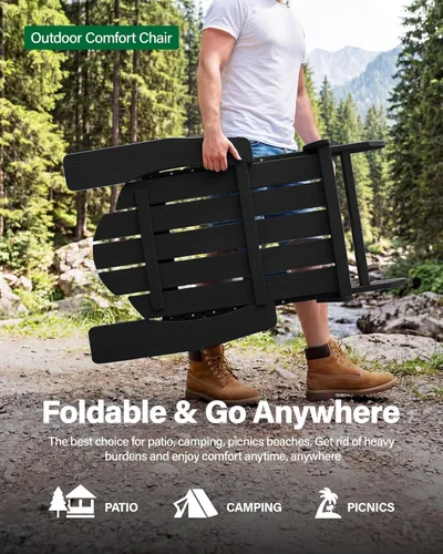 Vista 5 de MXIMU Silla Adirondack plegable para exteriores: sillas Adirondack fáciles de montar y cómodas, silla de plástico compuesto para todo tipo de clima