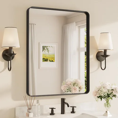 Vista 126 de TETOTE Espejo de marco dorado cepillado de 16 x 24 pulgadas, espejo de tocador de baño de latón dorado para pared, espejo enmarcado rectangular