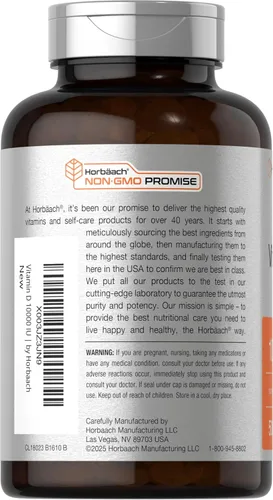 Vista 3 de Horbäach Vitamina D3 10000 UI 500 cápsulas blandas Suplemento sin OMG, sin gluten Tamaño de valor 250 mcg Fórmula de alta potencia