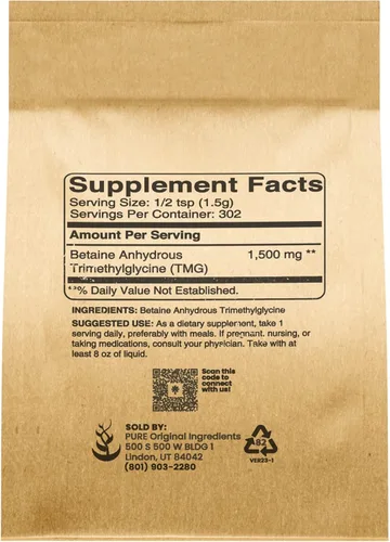 Vista 2 de PURE ORIGINAL INGREDIENTS Trimetilglicina (1 lb) TMG en polvo, vegano, sin gluten