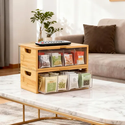 Vista 2 de Organizador apilable de bambú para bolsitas de té, 2 piezas Gran capacidad, juego de cajas Natural
