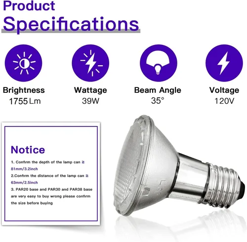 Vista 6 de PAR20 Flood 39W 120V Bombillas halógenas 6 piezas, PAR20 39W ECO Bombilla halógena blanca cálida 2700K, bombilla halógena Par20 E26 Dimitable 1755