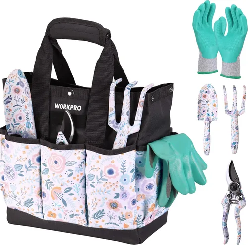 Vista 11 de WORKPRO Juego de herramientas de jardín de aluminio, 4 piezas de herramientas de jardín de mano resistentes con caja que incluye paleta, rastrillo