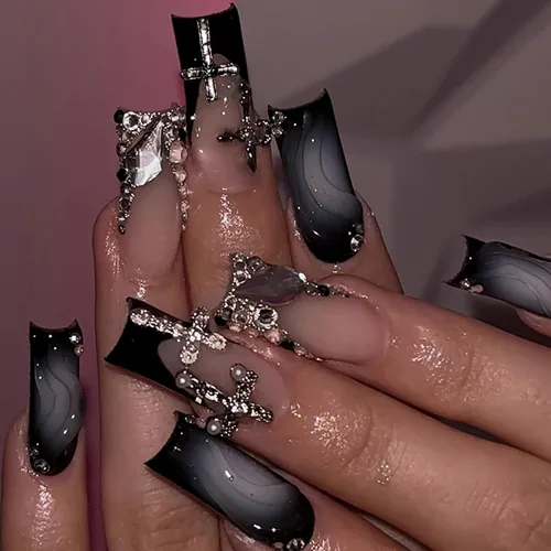 Vista 9 de BABALAL Uñas largas cuadradas a presión, uñas acrílicas rosas con dijes de flores de mariposa 3D, uñas postizas artificiales con purpurina