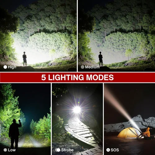 Vista 3 de WdtPro Linternas recargables de alto lúmenes, linterna súper brillante, potente linterna LED con 5 modos, enfoque ajustable, IPX7 impermeable, tipo