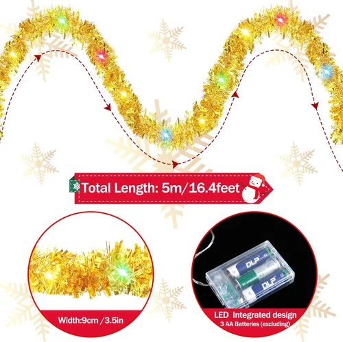 Vista 3 de Kingdder Guirnalda de Oropel de Navidad de 16.4 pies Iluminada Metálica Trenzada Decoración de Árbol Preencendida Operada con Batería 50 LED