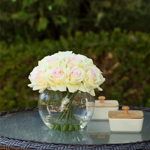 Vista 4 de ENOVA FLORAL Flores artificiales de seda de 16 cabezas en jarrón, arreglo de rosas sintéticas en jarrón redondo con agua sintética para centros