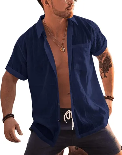 Vista 8 de Bbalizko - Camisas de manga corta para hombre con botones, de lino y algodón, para la playa, con cuello abierto, lisas, de verano, con bolsillo