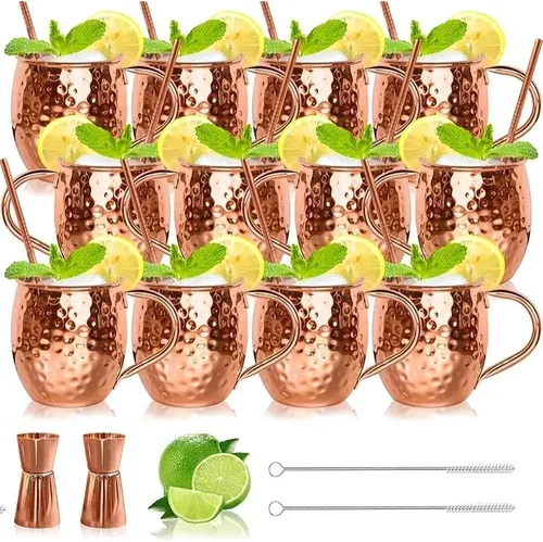 LINALL Moscow Mule Tazas de Cobre - Juego de 12 Tazas de Acero Inoxidable Chapado en Cobre de 18oz, para Bebidas Frías (12 unidades)