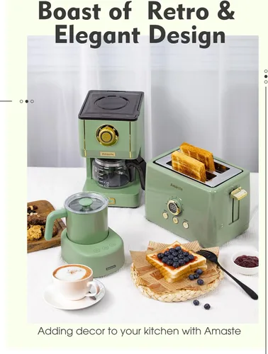Vista 5 de Amaste Cafetera verde y tostadora verde y hervidor eléctrico retro verde