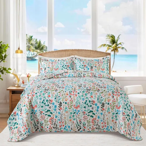 Vista 27 de BEDIFANY Edredón de algodón tamaño Queen, colcha ligera tamaño Queen, color verde azulado, colchas acolchadas, juegos de ropa de cama