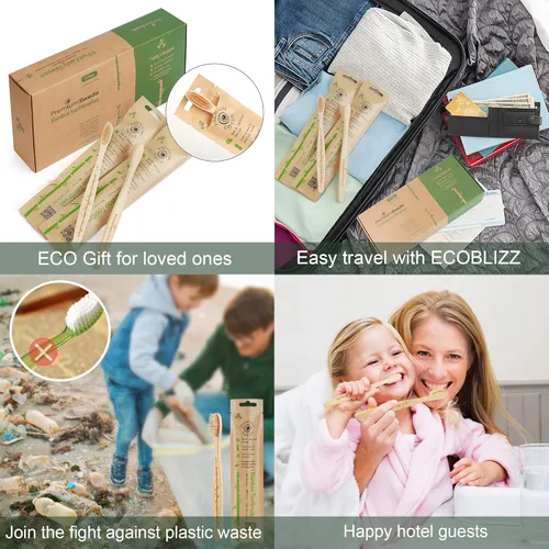 Vista 3 de Cepillos de dientes de bambú cerdas suaves para adultos, paquete de 8 cepillos de dientes de bambú ecológicos envueltos individualmente, cepillo