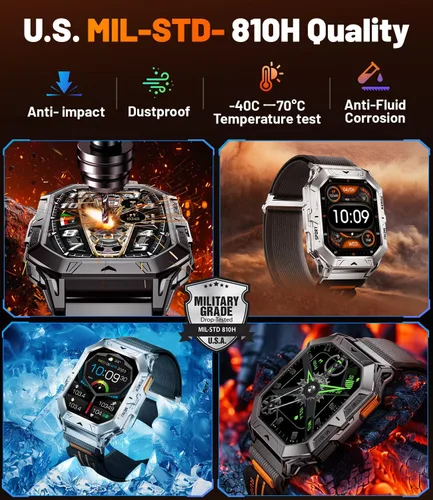 Vista 8 de LIGE - Reloj inteligente con batería de 1000 mAh, pantalla táctil completa AMOLED de 5,4 cm, relojes inteligentes militares para hombre con función