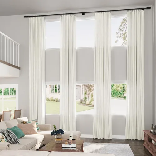 Vista 14 de Guken Cortinas extralargas de lino beige y blanco de 240 pulgadas para sala de estar alta, dormitorio, bolsillo para cortinero, cortinas de lino