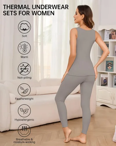 Vista 3 de Conjuntos de ropa interior térmica para mujer, pantalones largos de forro polar, capa base térmica, para clima frío, conjunto de camiseta e inferior