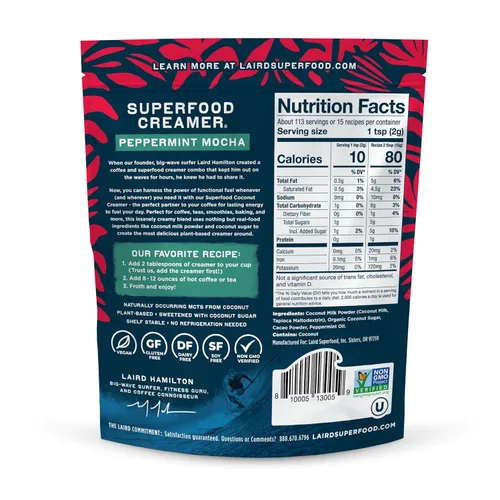 Vista 3 de Laird Superfood Creamer - Crema en polvo con sabor a chocolate y menta para el café, bolsa de 8 onzas