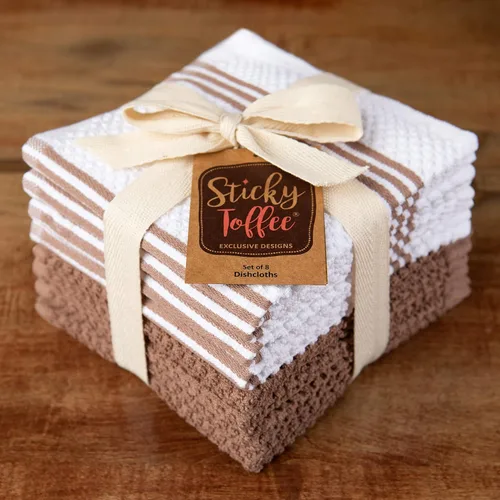 Vista 5 de Sticky Toffee Juego de 8 paños de cocina, 100 % algodón, color marrón y blanco, paños de cocina, paños de limpieza reutilizables y absorbentes
