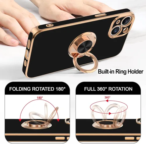 Vista 4 de Hython Funda para iPhone 15 con Soporte de Anillo, Soporte de Anillo Giratorio de 360° Soporte Magnético, Borde Chapado en Oro Rosa Cubierta Suave