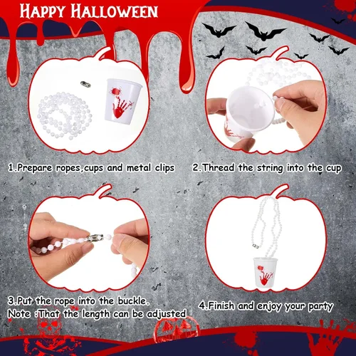 Vista 3 de 24 piezas de vaso de chupito de Halloween en collar de cuentas, vasos de chupito de plástico de calavera, tazas fantasma, collares de vidrio