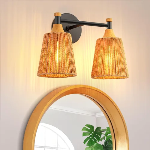 Vista 11 de Lámparas de baño, luces rústicas de tocador de 2 luces sobre espejo de granja, lámpara de pared de estilo natural, lámpara de pared bohemia, aplique