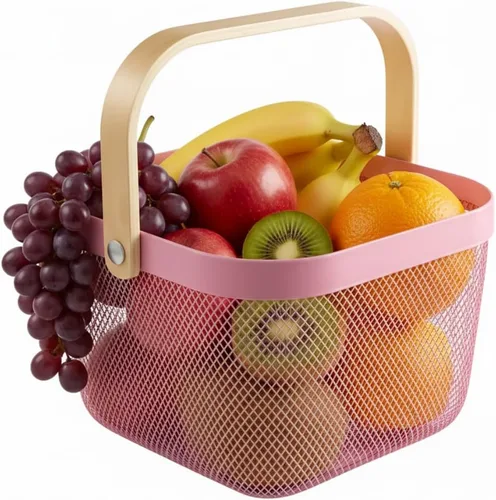 Vista 14 de Cesta organizadora de almacenamiento de malla de acero, cesta de frutas con mango de madera, ideal para cocina, baño, cestas de picnic, despensa