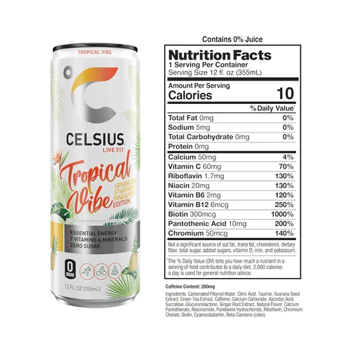 Vista 2 de CELSIUS® Paquete de barra de bebida energética y polvo Zero Sugar, Tropical Vibe