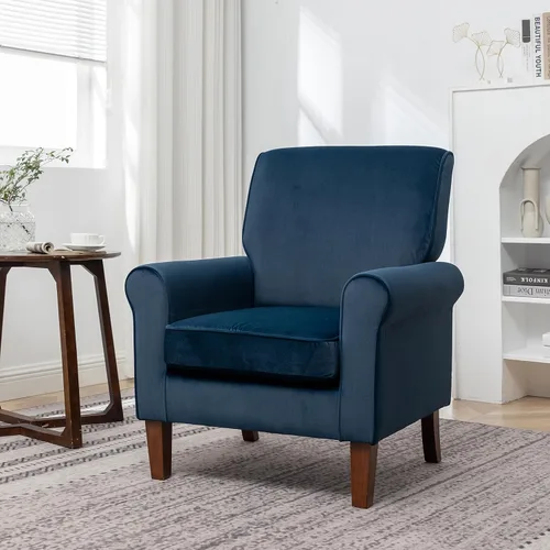 Vista 106 de Sillón clásico con marco de madera de abedul y cómodos reposabrazos enrollados, sillones para sala de estar, dormitorio y decoración de oficina