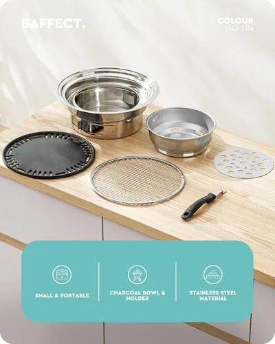 Vista 2 de Baffect Parrilla de carbón para barbacoa, parrilla de barbacoa coreana antiadherente de acero inoxidable de 13.7 pulgadas, estufa de carbón portátil