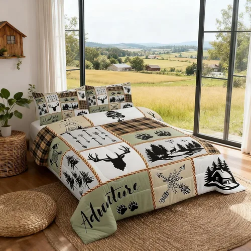 Vista 48 de Manfei Juego de Edredón de Siluetas de Animales con Astas de Ciervo Tamaño Full, Juego de Ropa de Cama de Camuflaje con Cuadros Geométricos de 3